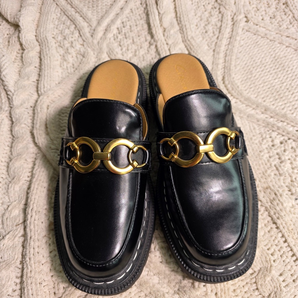Circus by Sam Edelman Mules Chunky Loafer Black Gold Chain Platform Women 6 NEW - Picture 2 of 7